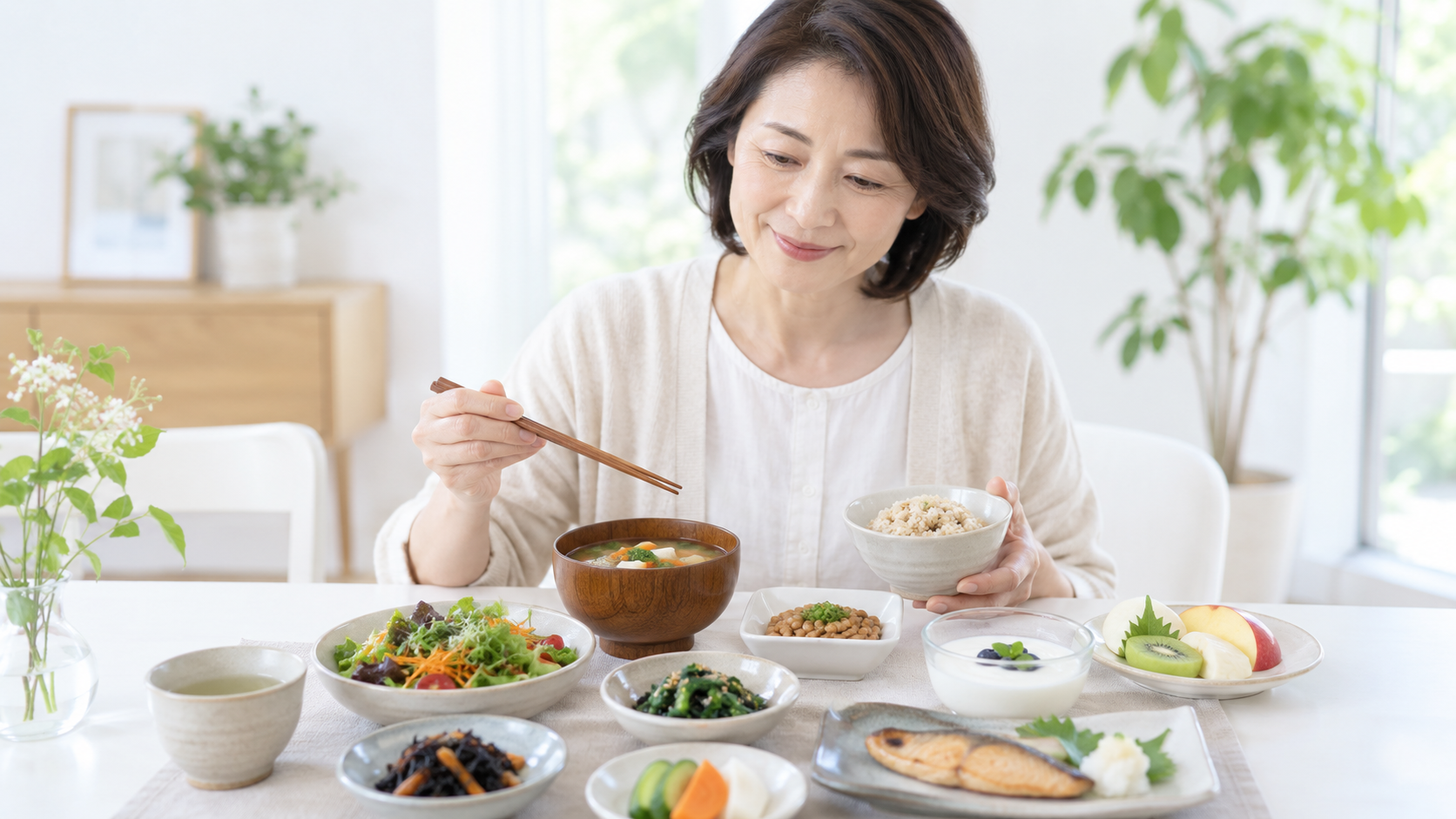 発酵食品や食物繊維を含むバランスのよい食事を取る女性