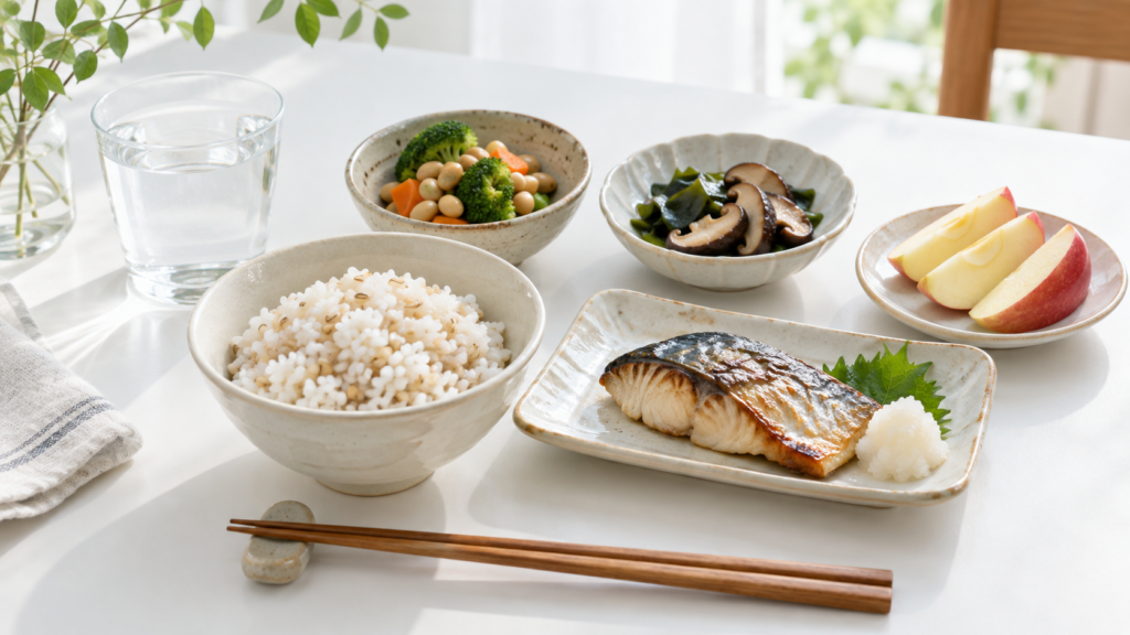 腸活と食物繊維の関係とは?40代・50代のための食品選びと取り入れ方 5 酵素のちから 麦ごはん、焼き魚、豆と野菜の副菜、きのこと海藻、りんごを組み合わせた食卓