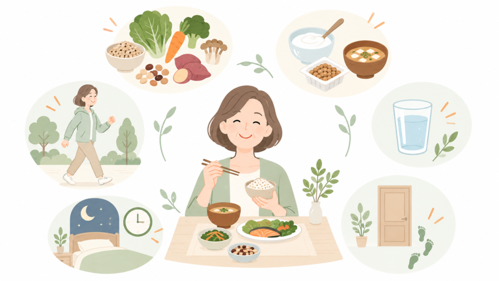 食事や水分補給、散歩、睡眠など、腸内環境を意識した日々の習慣を描いたイラスト