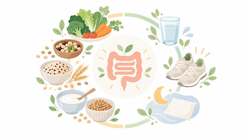 腸の周りに野菜や発酵食品、水、運動靴、寝具を配置し、食事と生活習慣のつながりを示したイラスト