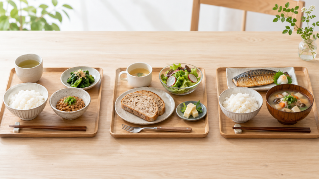 納豆、チーズ、具だくさんみそ汁を毎日の献立に取り入れた食事例