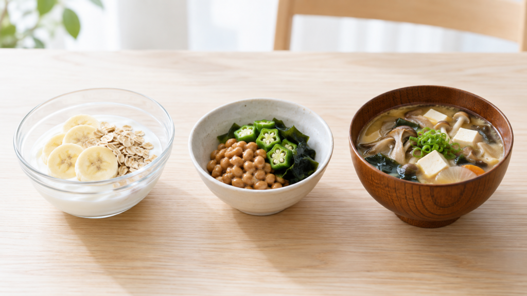 ヨーグルトとバナナ、納豆とオクラ、具だくさんみそ汁の組み合わせ