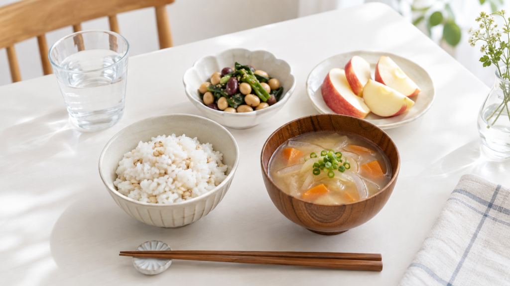 発酵性食物繊維とは?腸内細菌との関係や身近な食品をわかりやすく解説 4 酵素のちから 麦ごはん、豆のおかず、玉ねぎ入りの汁物、りんごを組み合わせた食事例