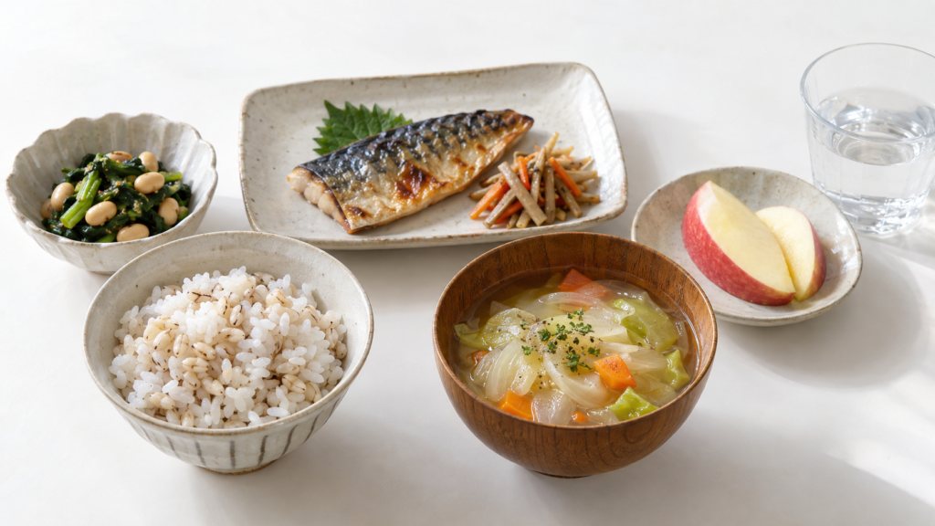 発酵性食物繊維とは?腸内細菌との関係や身近な食品をわかりやすく解説 5 酵素のちから 麦ごはん、豆と野菜の副菜、焼き魚、ごぼう、りんごを組み合わせた食卓