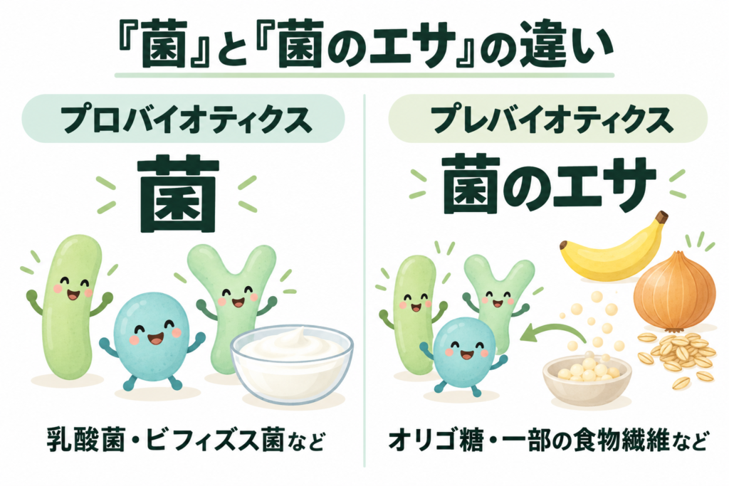 プロバイオティクスとプレバイオティクスの違いとは?食品例と取り入れ方をやさしく解説 4 酵素のちから プロバイオティクスは乳酸菌・ビフィズス菌などの「菌」、プレバイオティクスはオリゴ糖・一部の食物繊維などの「菌のエサ」であることを表したイラスト