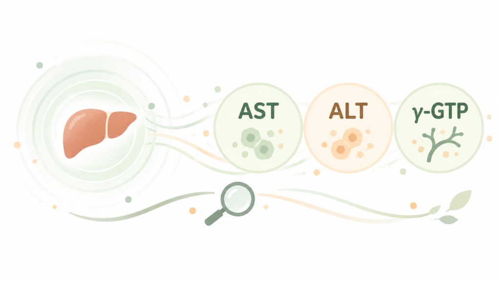肝臓から広がるサインと、健康診断で確認するAST・ALT・γ-GTPの3項目を示したイラスト