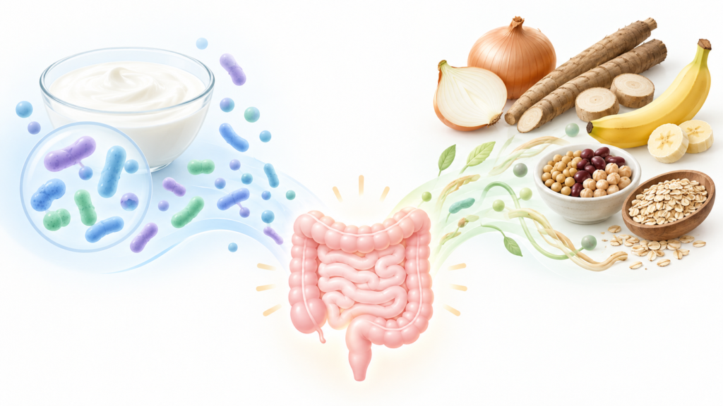 プロバイオティクスを表す微生物とプレバイオティクスに関連する食品