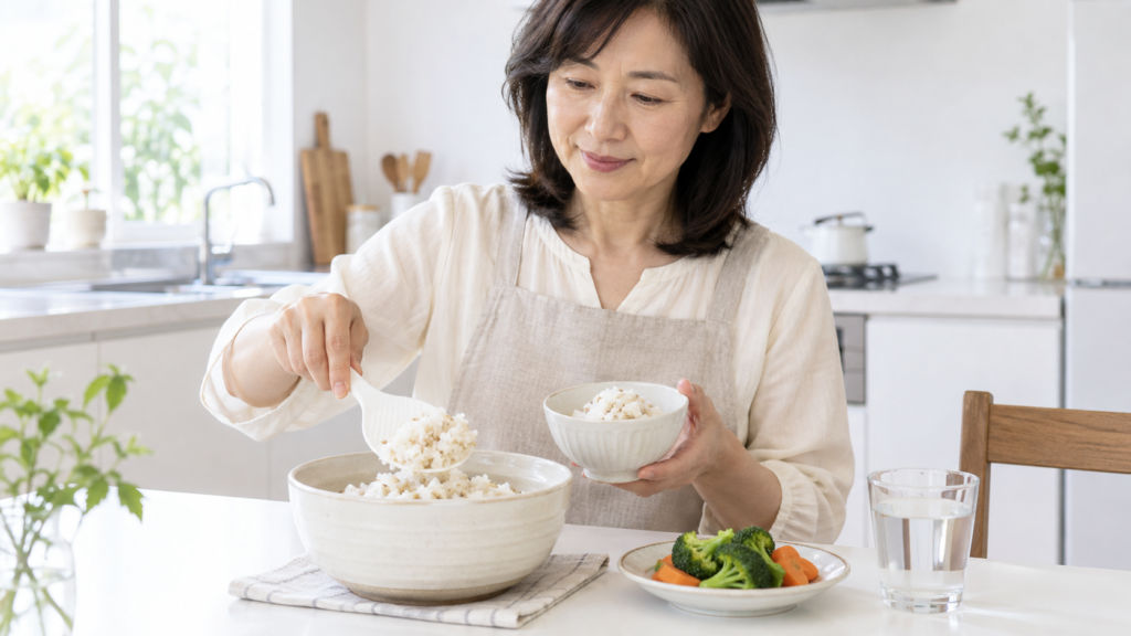 腸活と食物繊維の関係とは?40代・50代のための食品選びと取り入れ方 4 酵素のちから 麦ごはんを小さな茶碗に取り分ける中高年女性と、野菜の小皿・水を並べた食卓