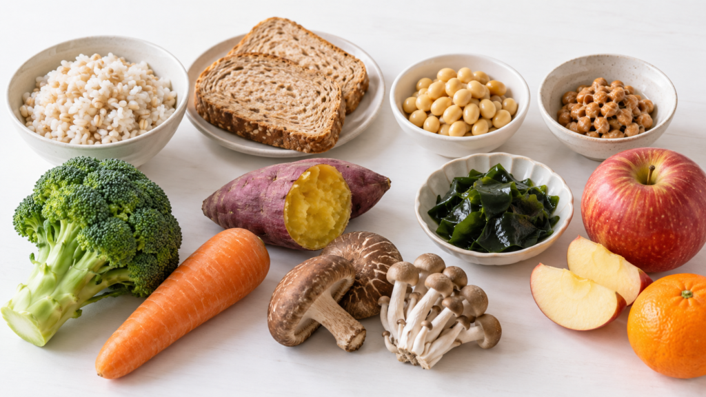 腸活と食物繊維の関係とは?40代・50代のための食品選びと取り入れ方 2 酵素のちから 食物繊維を含む麦ごはん・全粒粉パン・豆類・野菜・いも・きのこ・海藻・果物