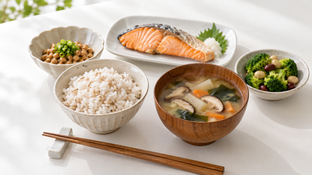 腸活と食物繊維の関係とは?40代・50代のための食品選びと取り入れ方 3 酵素のちから 麦ごはん、納豆、野菜ときのこのみそ汁、焼き魚、豆とブロッコリーの副菜を組み合わせた食事例