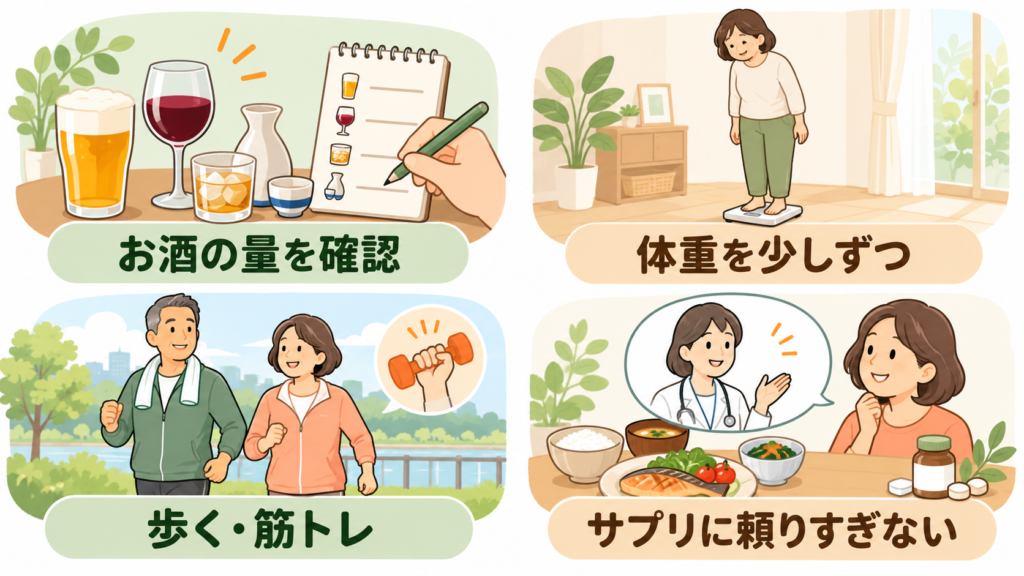 お酒の量を確認する、体重を少しずつ管理する、歩く・筋トレを続ける、サプリに頼りすぎないという4つの生活習慣を示すイラスト