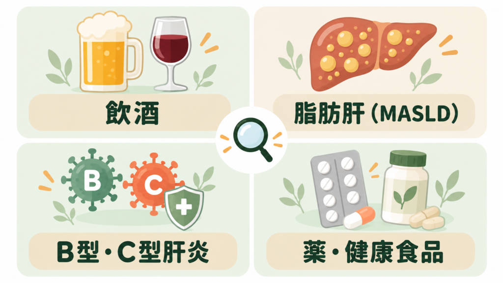 肝臓の検査値が高いときに確認する原因として、飲酒、脂肪肝、B型・C型肝炎、薬や健康食品を示した図解