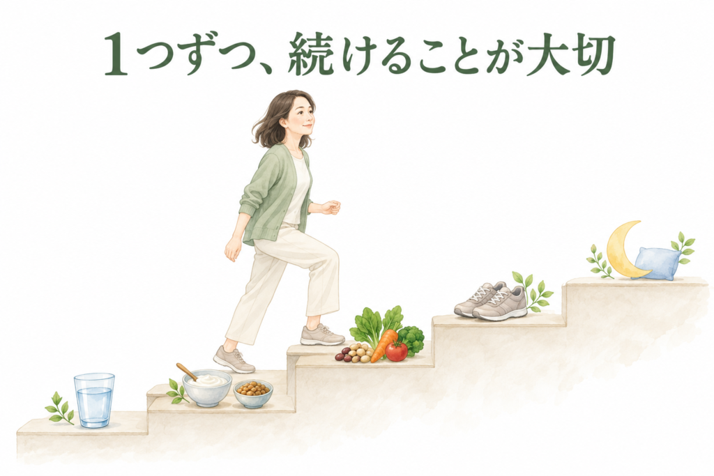 40代からの腸活は何から始める?食べ物・生活習慣の基本と続けるコツをやさしく解説 4 酵素のちから 水、発酵食品、食物繊維、運動、睡眠を表すアイテムが置かれた階段を、40代の女性が1段ずつ上っているイラスト。「1つずつ、続けることが大切」の文字入り