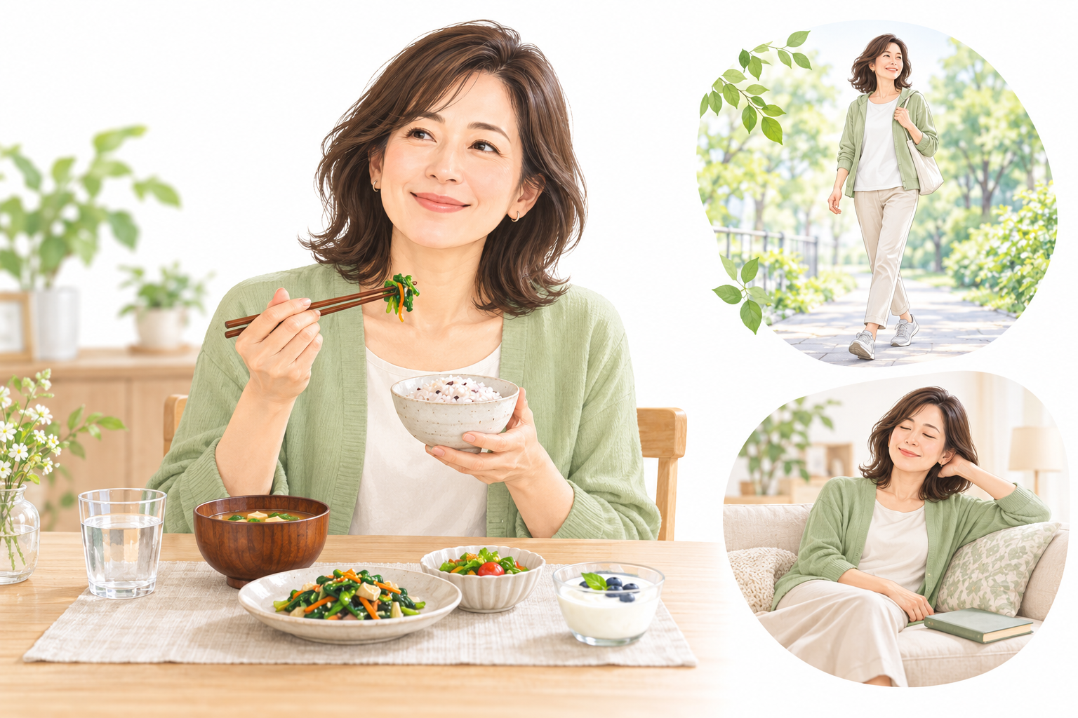 40代の女性が、雑穀ごはん・味噌汁・野菜のおかず・ヨーグルトの食事をとり、散歩やくつろぐ時間も大切にしている様子のイラスト