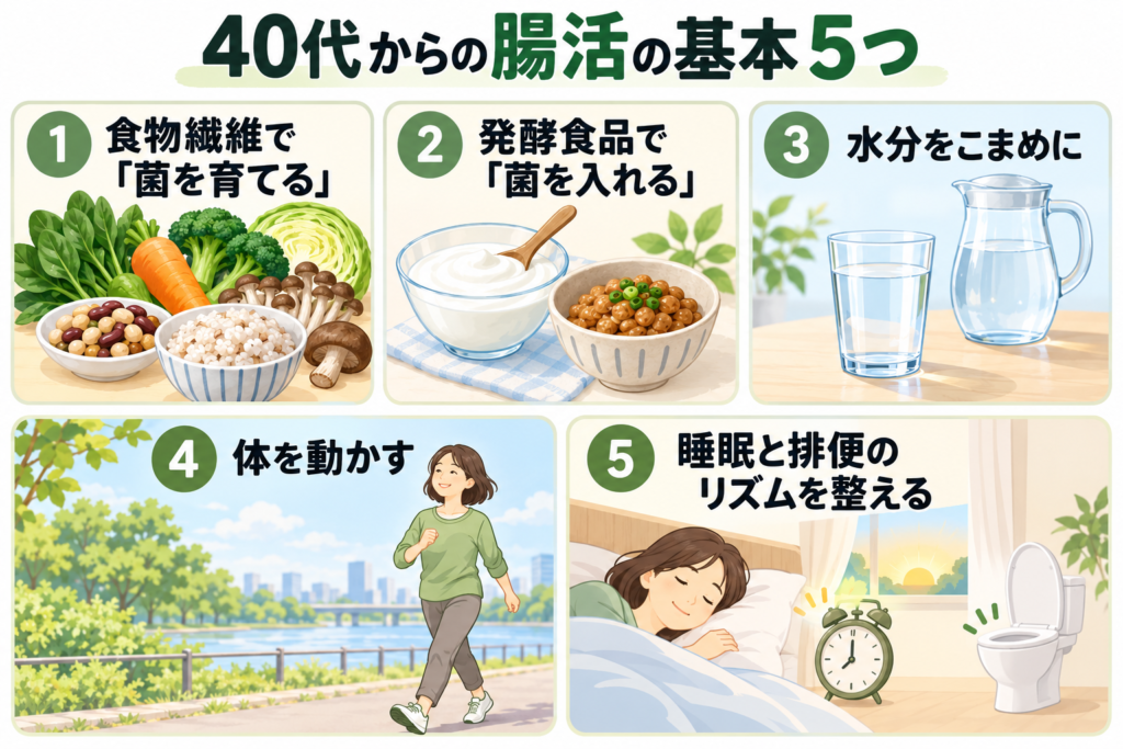 40代からの腸活は何から始める?食べ物・生活習慣の基本と続けるコツをやさしく解説 2 酵素のちから 40代からの腸活の基本5つ。食物繊維で菌を育てる、発酵食品で菌を入れる、水分をこまめに、体を動かす、睡眠と排便のリズムを整える、をイラストで表した図