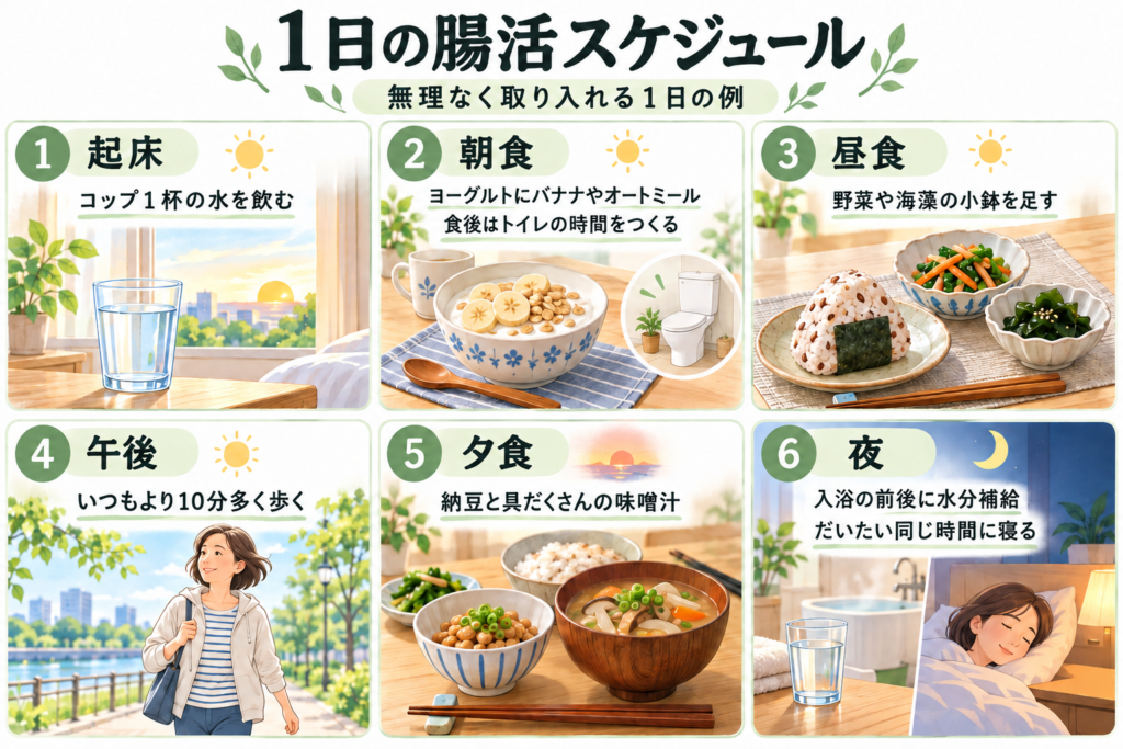 40代からの腸活は何から始める?食べ物・生活習慣の基本と続けるコツをやさしく解説 3 酵素のちから 1日の腸活スケジュールの例。起床時に水を飲む、朝食にヨーグルトとバナナ、昼食に野菜や海藻の小鉢、午後に10分多く歩く、夕食に納豆と具だくさんの味噌汁、夜は水分補給と同じ時間に寝る、をイラストで表した図