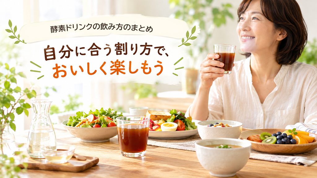 酵素ドリンクのおいしい飲み方|水・炭酸水・牛乳・豆乳で4商品を飲み比べ 9 酵素のちから 自分に合う割り方で酵素ドリンクを楽しむイメージ